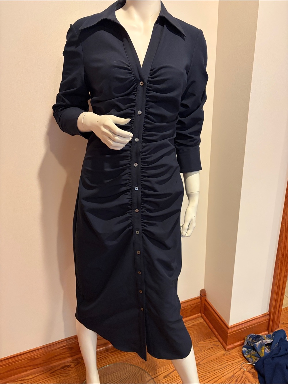 Cinq a Sept Ruched Button-Front navy Shirt Dress